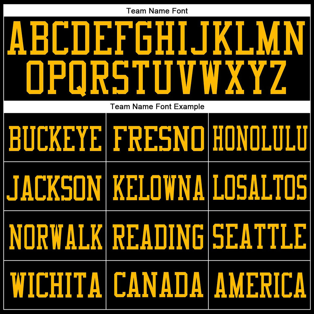 Team name font options for Custom Black Gold Mesh Football Jersey