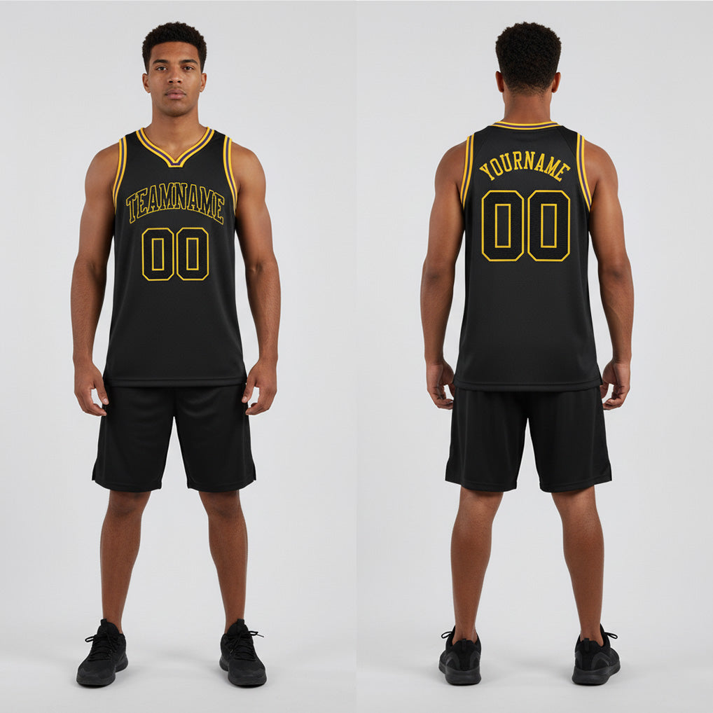 Front and back view of Custom Black Gold Round Neck Basketball Jersey with Personalized Name and Number – Athletrio