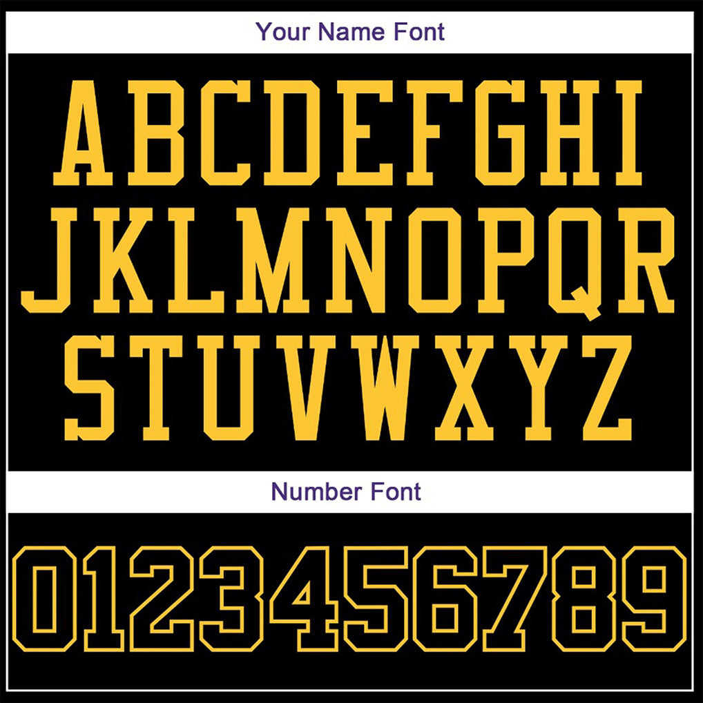 Player name and number font options for Custom Black Gold Round Neck Basketball Jersey