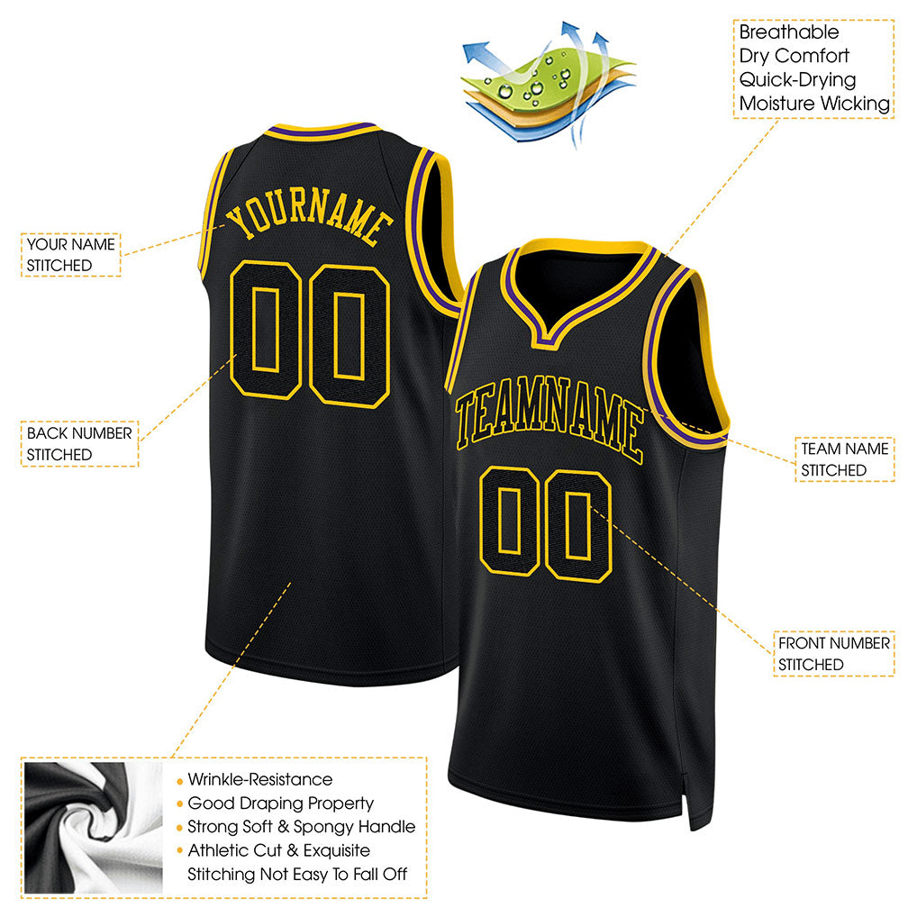 Product details of Custom Black Gold Round Neck Basketball Jersey showing stitched logos, fabric and customization options By Athletrio