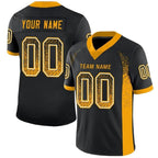 Angled view of Custom Black Gold-White Drift Football Jersey – Designed By Athletrio