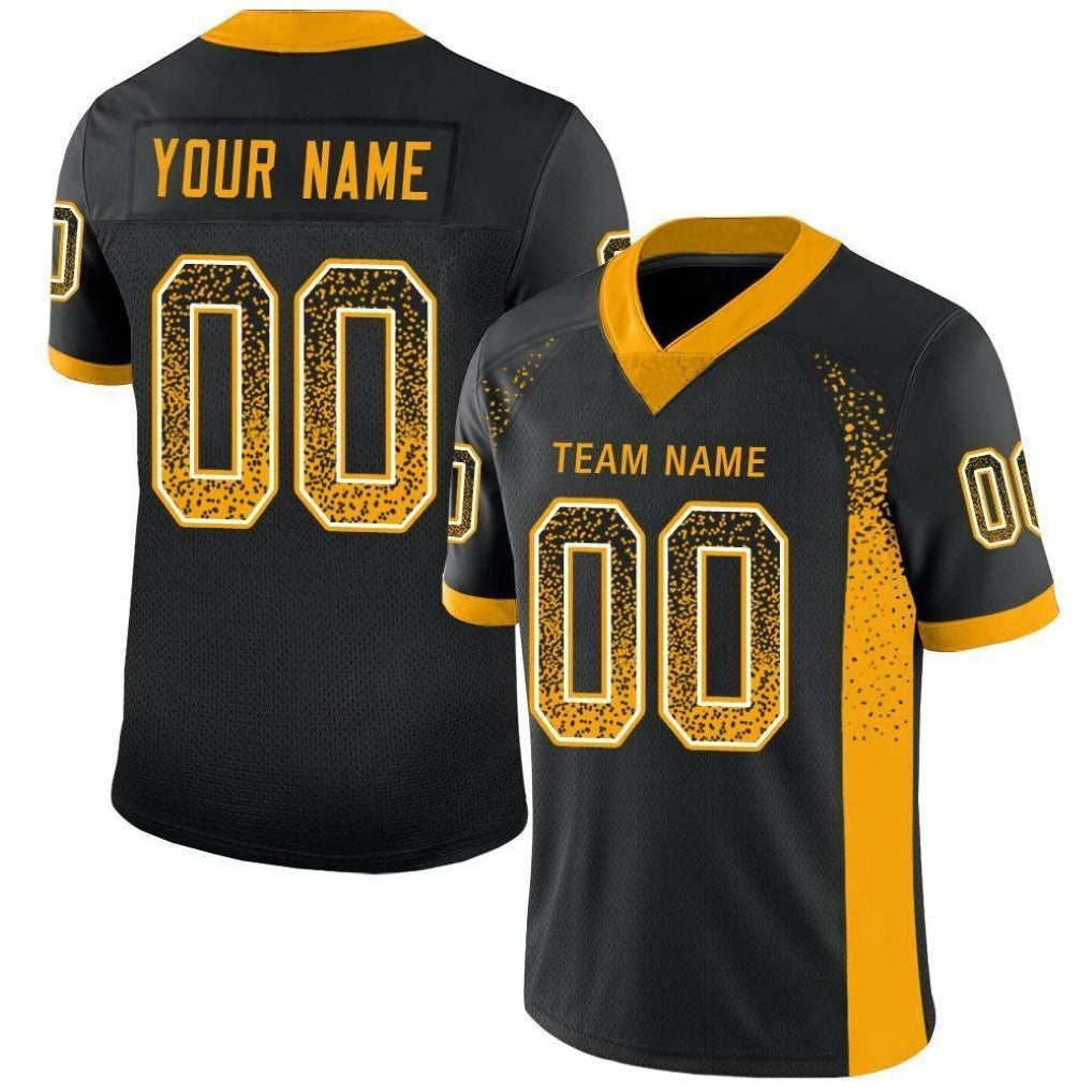 Angled view of Custom Black Gold-White Drift Football Jersey – Designed By Athletrio