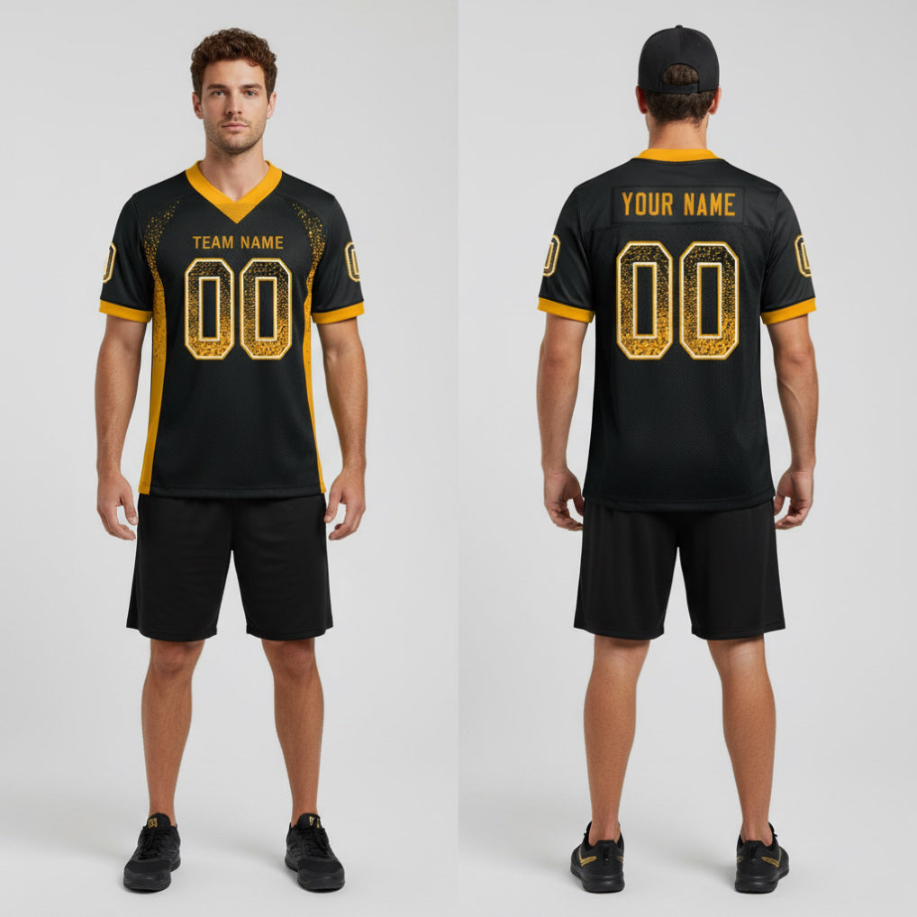 Front and back view of Custom Black Gold-White Drift Football Jersey with Personalized Name and Number – Athletrio