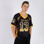 Product details model of Custom Black Gold-White Drift Football Jersey showing stitched logos, fabric and customization options By Athletrio
