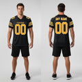 Front and back view of Custom Black Gold-White Mesh Football Jersey with Personalized Name and Number – Athletrio