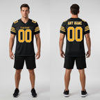 Front and back view of Custom Black Gold-White Mesh Football Jersey with Personalized Name and Number – Athletrio