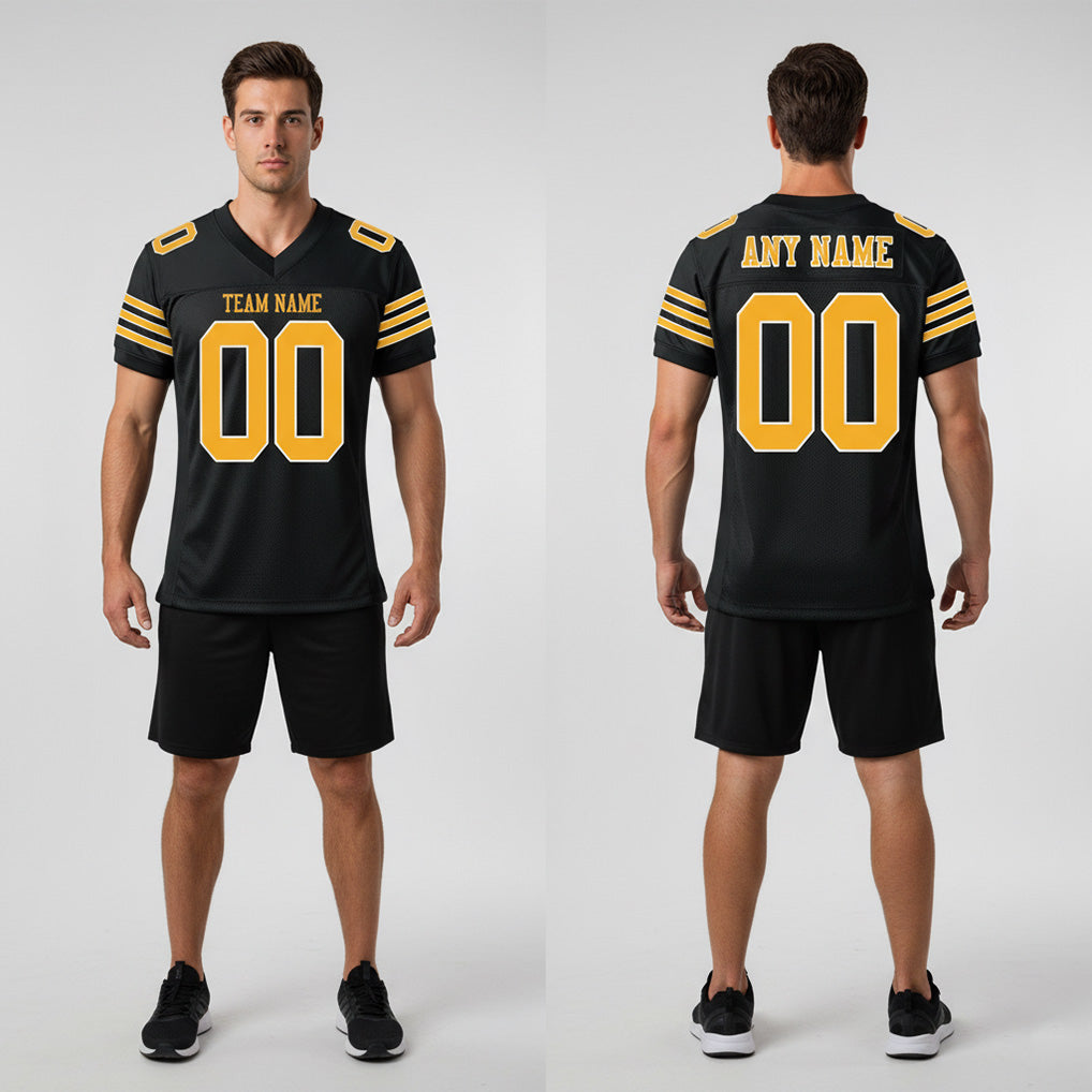 Front and back view of Custom Black Gold-White Mesh Football Jersey with Personalized Name and Number – Athletrio
