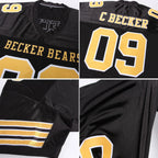Product details stitched of Custom Black Gold-White Mesh Football Jersey showing stitched logos, fabric and customization options