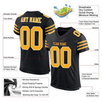 Product details of Custom Black Gold-White Mesh Football Jersey showing stitched logos, fabric and customization options