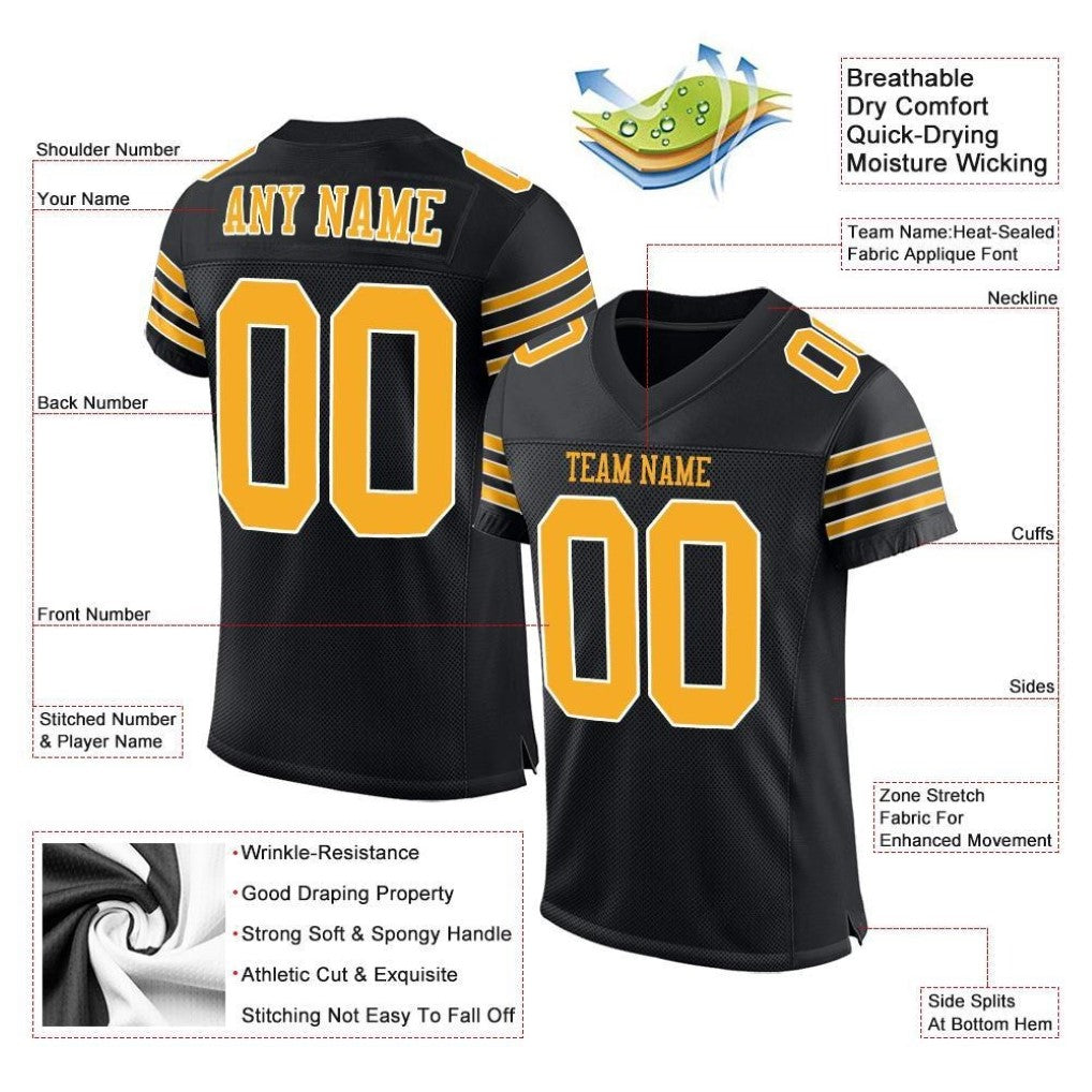 Product details of Custom Black Gold-White Mesh Football Jersey showing stitched logos, fabric and customization options