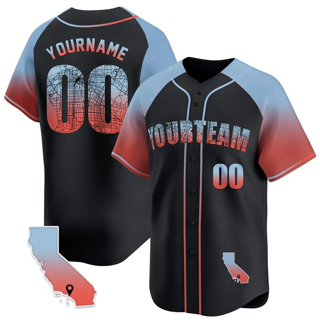 Angled view of Custom Black Los Angeles Map Baseball Jersey – Designed By Athletrio