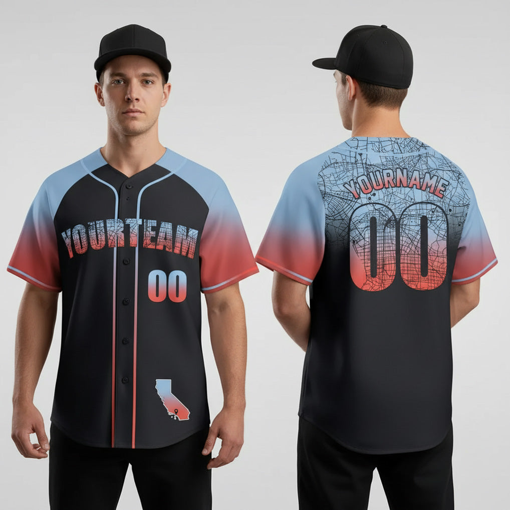 Front and back view of Custom Black Los Angeles Map Baseball Jersey with Personalized Name and Number – Athletrio