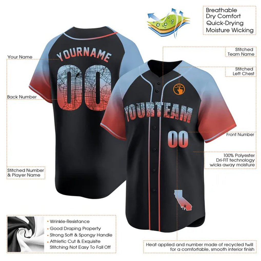 Product details of Custom Black Los Angeles Map Baseball Jersey showing stitched logos, fabric and customization options By Athletrio