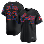 Angled view of Custom Black Navy Baseball Jersey – Designed By Athletrio