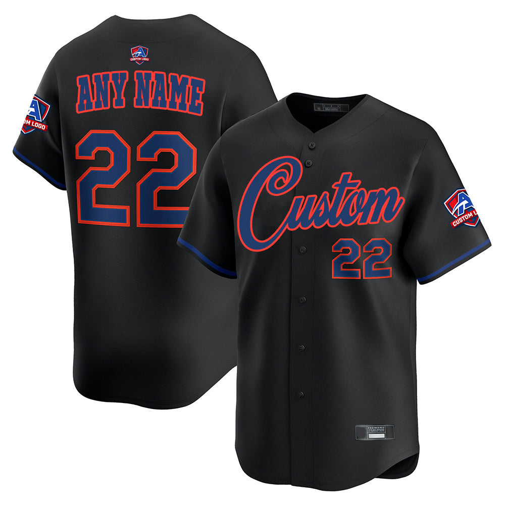 Angled view of Custom Black Navy Baseball Jersey – Designed By Athletrio