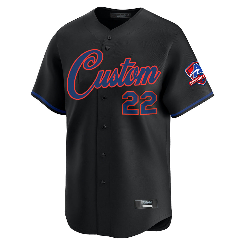 Close-up detail of Custom Black Navy Baseball Jersey Neckline Made By Athletrio