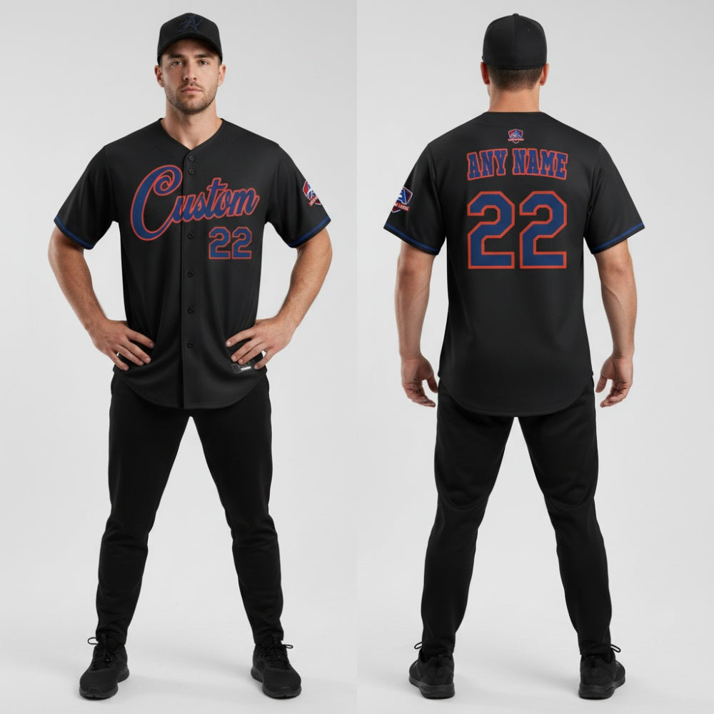 Front and back view of Custom Black Navy Baseball Jersey with Personalized Name and Number – Athletrio
