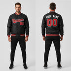 Front and back view of Custom Black Red Jacket with Personalized Name and Number – Athletrio
