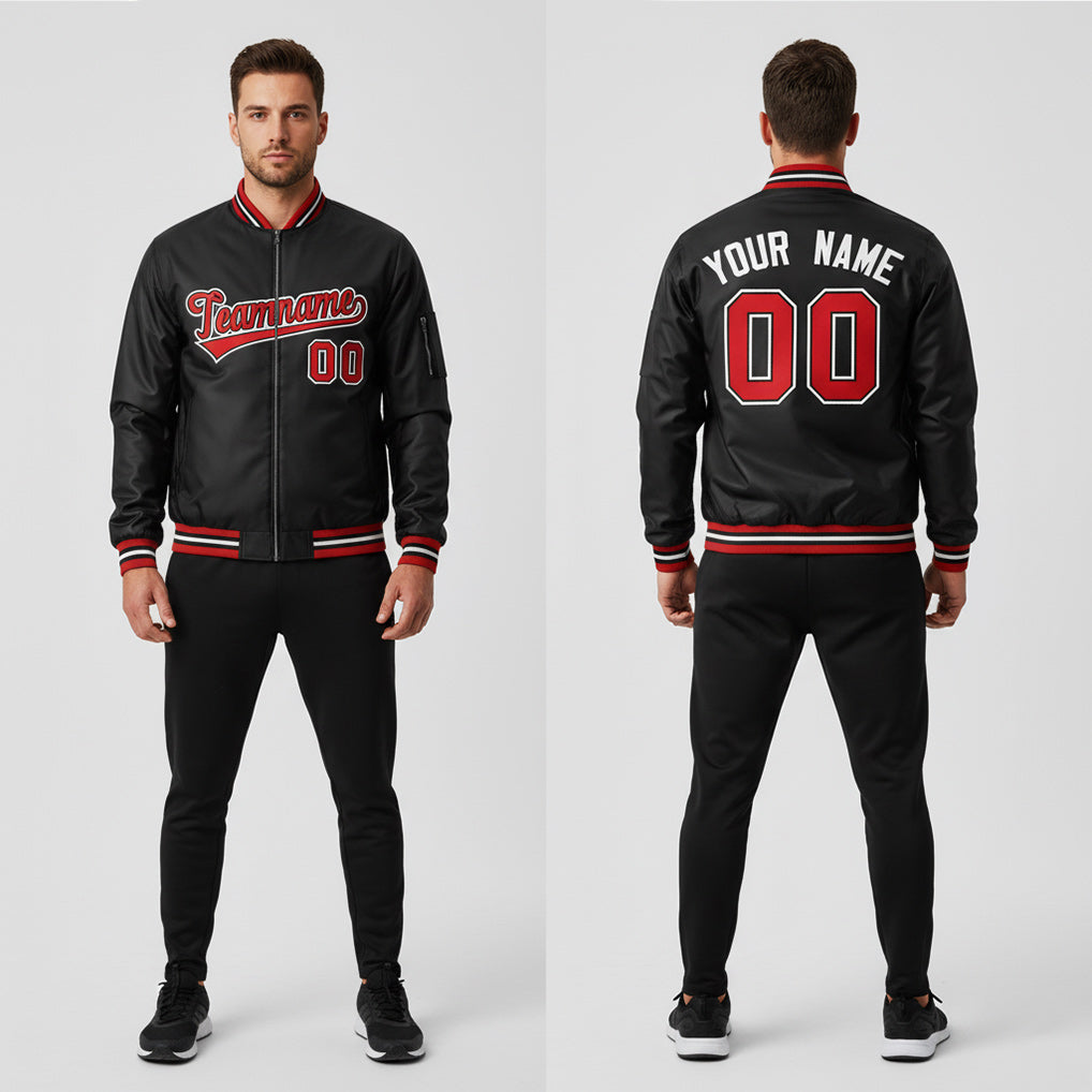 Front and back view of Custom Black Red Jacket with Personalized Name and Number – Athletrio