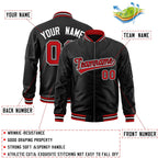 Product details of Custom Black Red Jacket showing stitched logos, fabric and customization options By Athletrio