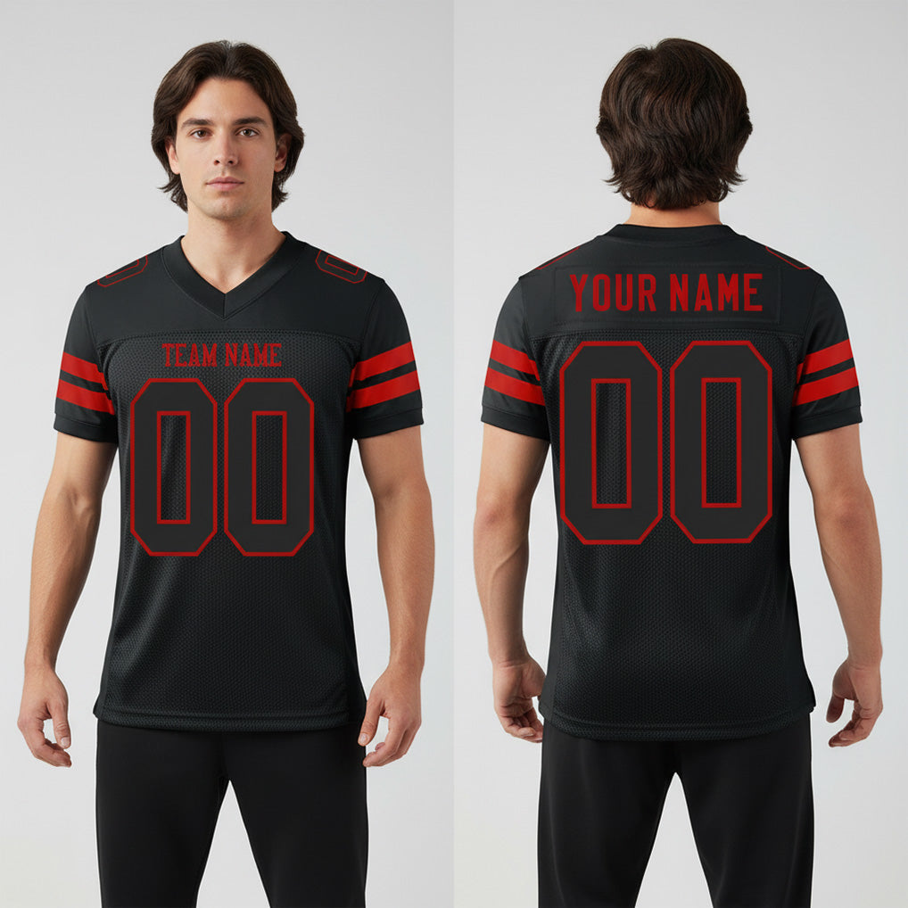 Front and back view of Custom Black Red Mesh Football Jersey with Personalized Name and Number – Athletrio