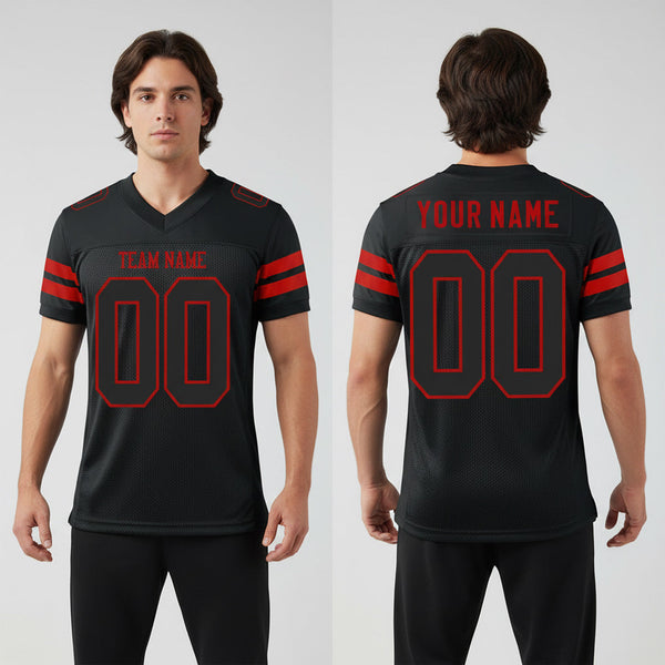 Front and back view of Custom Black Red Mesh Football Jersey with Personalized Name and Number – Athletrio
