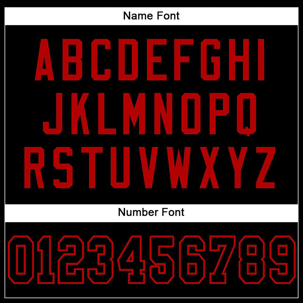 Player name and number font options for Custom Black Red Mesh Football Jersey