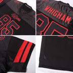 Product details stitched of Custom Black Red Mesh Football Jersey showing stitched logos, fabric and customization options By Athletrio