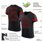 Product details of Custom Black Red Mesh Football Jersey showing stitched logos, fabric and customization options By Athletrio