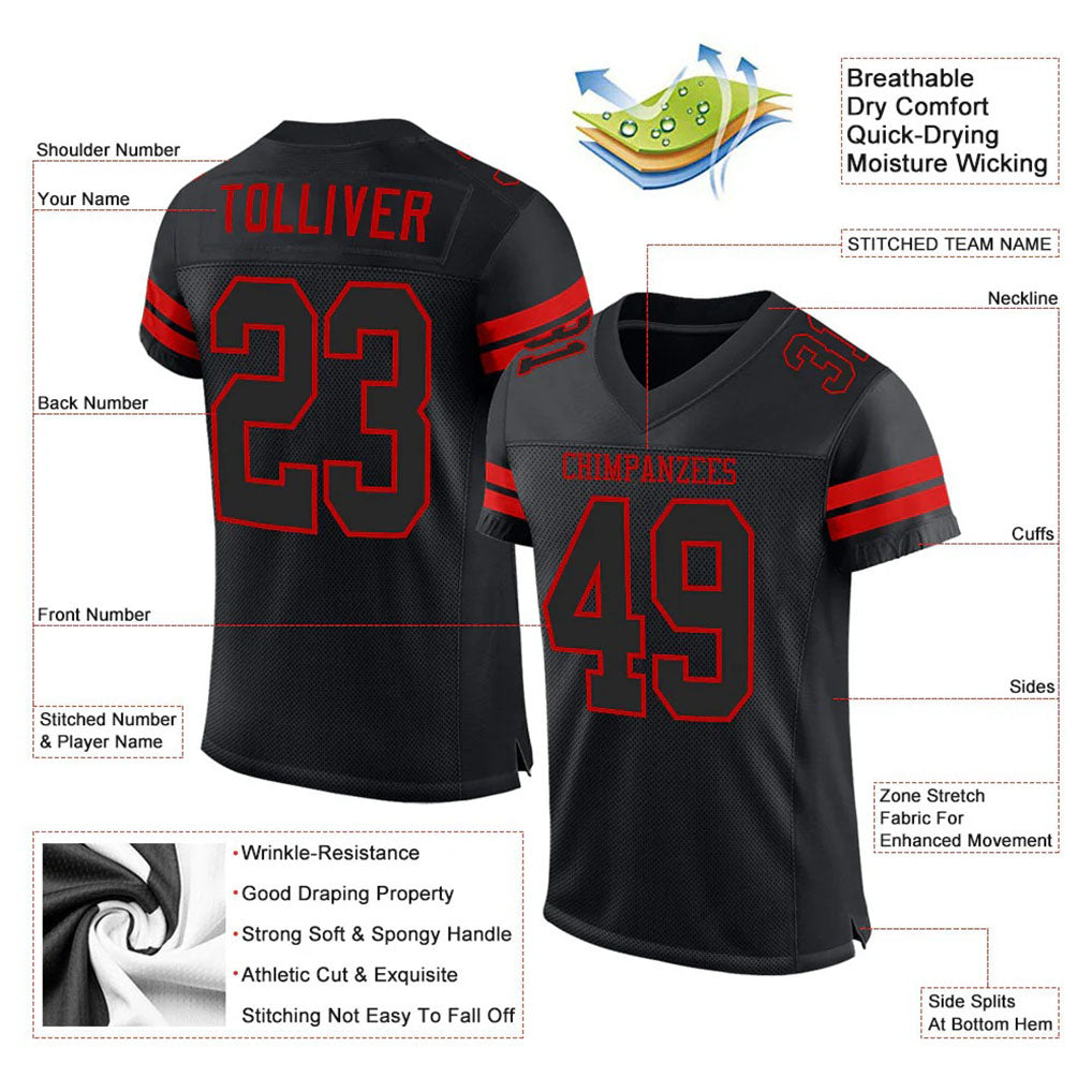 Product details of Custom Black Red Mesh Football Jersey showing stitched logos, fabric and customization options By Athletrio