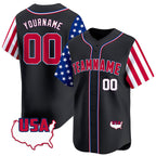 Angled view of Custom Black Red-White American Map Baseball Jersey – Designed By Athletrio