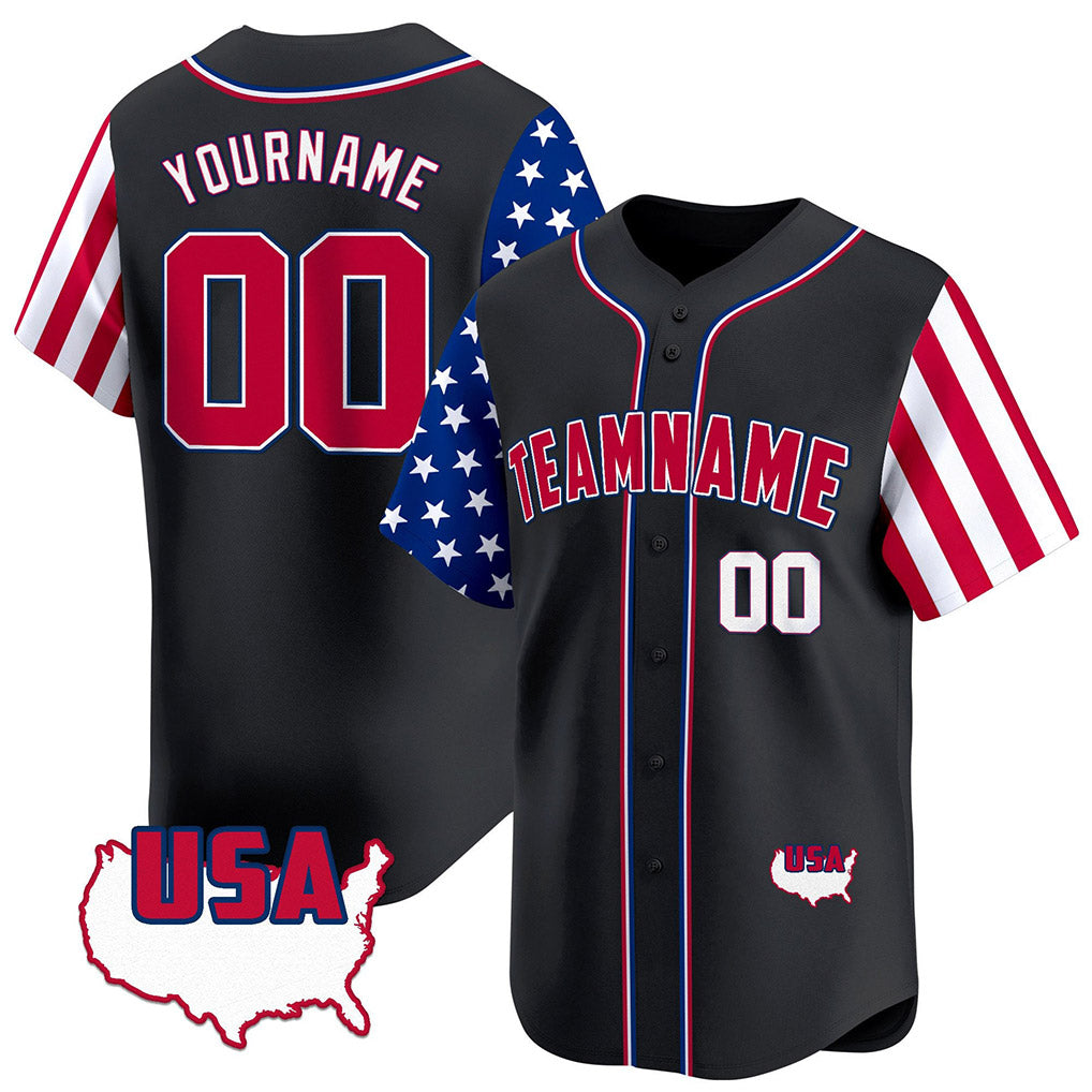 Angled view of Custom Black Red-White American Map Baseball Jersey – Designed By Athletrio