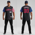 Front and back view of Custom Black Red-White American Map Baseball Jersey with Personalized Name and Number – Athletrio