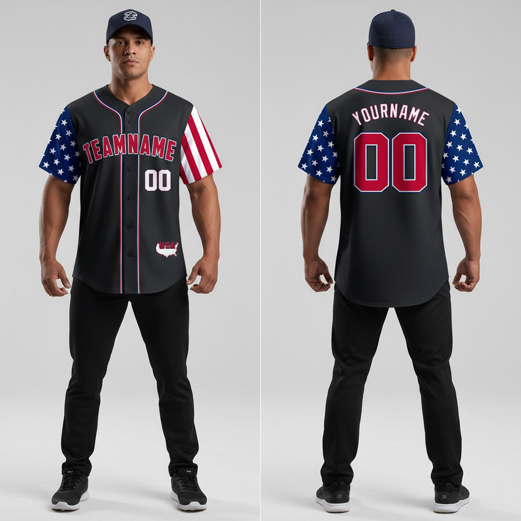 Front and back view of Custom Black Red-White American Map Baseball Jersey with Personalized Name and Number – Athletrio