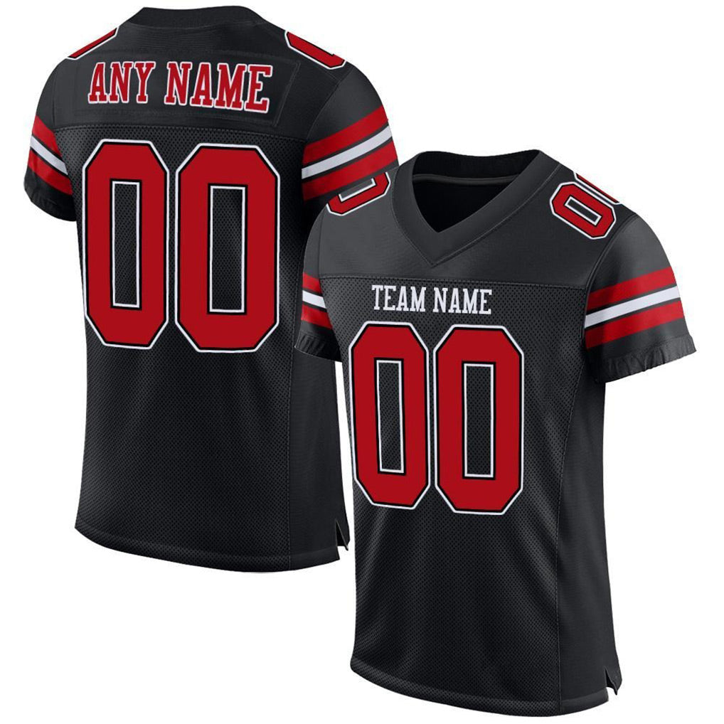Angled view of Custom Black Red-White Mesh Football Jersey – Designed By Athletrio