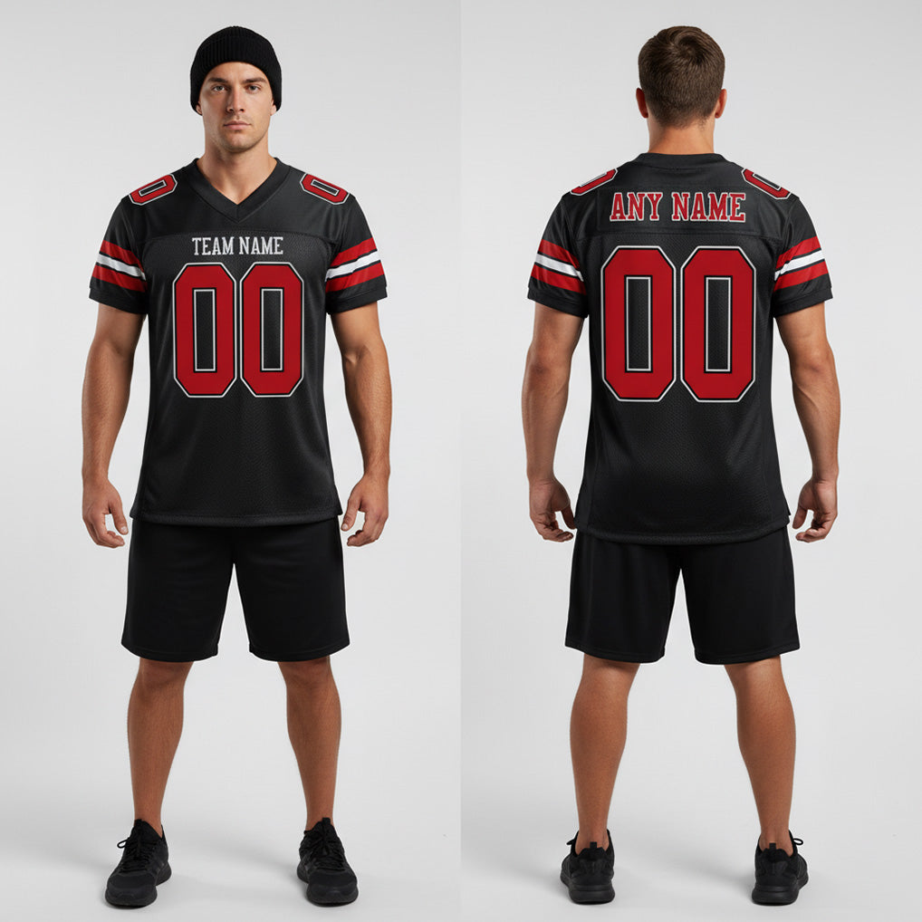 Front and back view of Custom Black Red-White Mesh Football Jersey with Personalized Name and Number – Athletrio