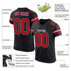 Product details of Custom Black Red-White Mesh Football Jersey showing stitched logos, fabric and customization options By Athletrio