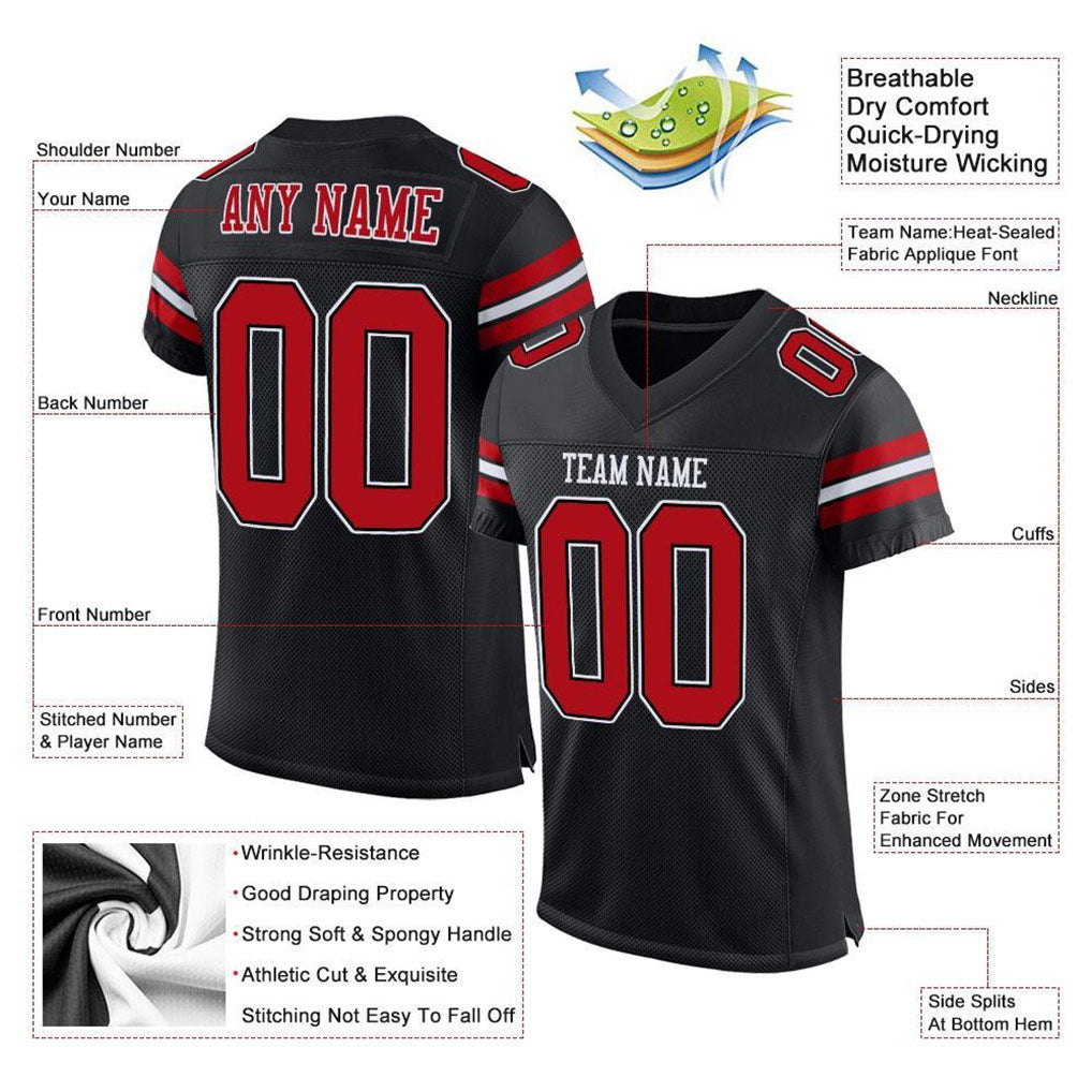 Product details of Custom Black Red-White Mesh Football Jersey showing stitched logos, fabric and customization options By Athletrio