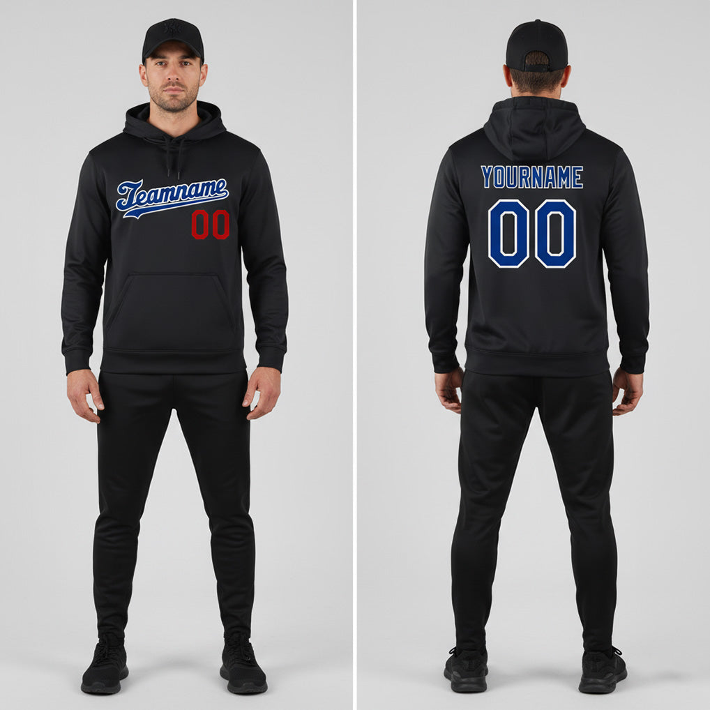 Front and back view of Custom Black Royal-Red Sports Hoodie with Personalized Name and Number – Athletrio