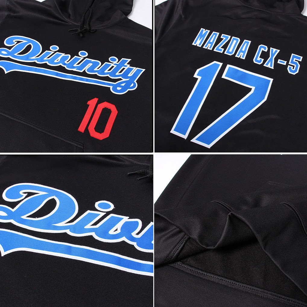 Product details print of Custom Black Royal-Red Sports Hoodie showing stitched logos, fabric and customization options By Athletrio