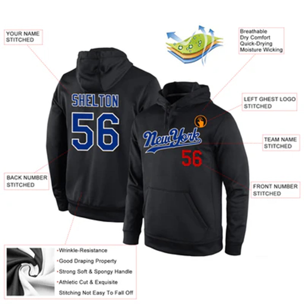 Product details of Custom Black Royal-Red Sports Hoodie showing stitched logos, fabric and customization options By Athletrio