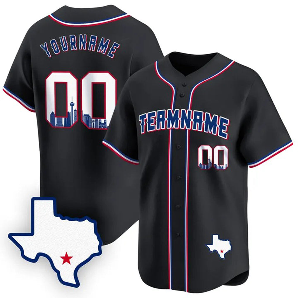 Angled view of Custom Black Royal San Antonio Baseball Jersey – Designed By Athletrio