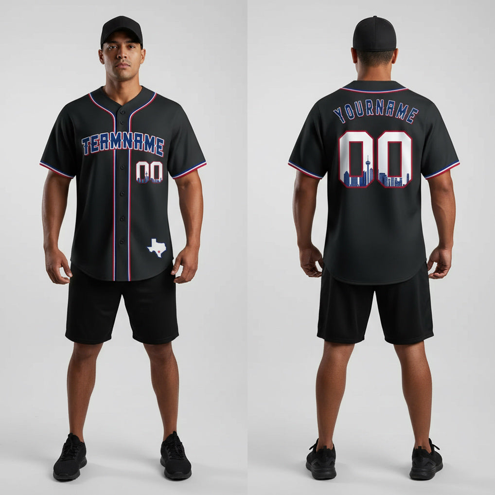 Front and back view of Custom Black Royal San Antonio Baseball Jersey with Personalized Name and Number – Athletrio