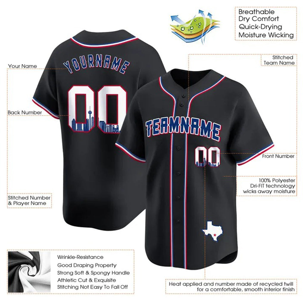 Product details of Custom Black Royal San Antonio Baseball Jersey showing stitched logos, fabric and customization options By Athletrio