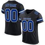 Angled view of Custom Black Royal-White Mesh Football Jersey – Premium Stitch Style