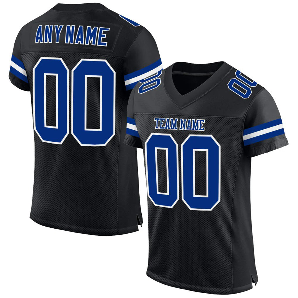 Angled view of Custom Black Royal-White Mesh Football Jersey – Premium Stitch Style