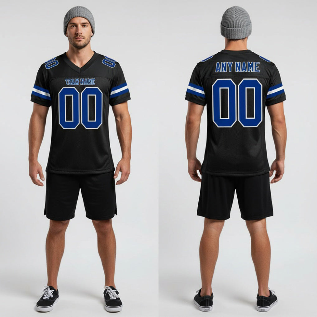 Front and back view of Custom Black Royal-White Mesh Football Jersey with Personalized Name and Number – JerseyEdge