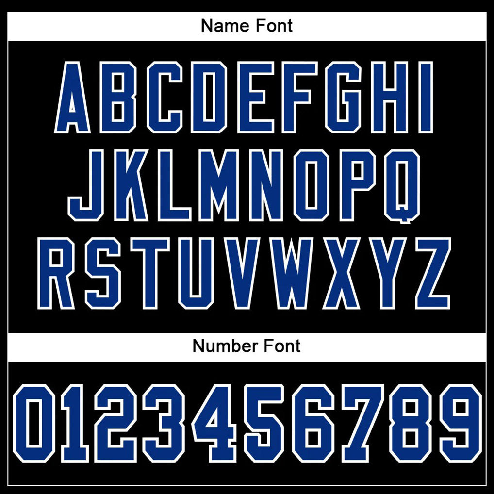 Player name and number font options for Custom Black Royal-White Mesh Football Jersey