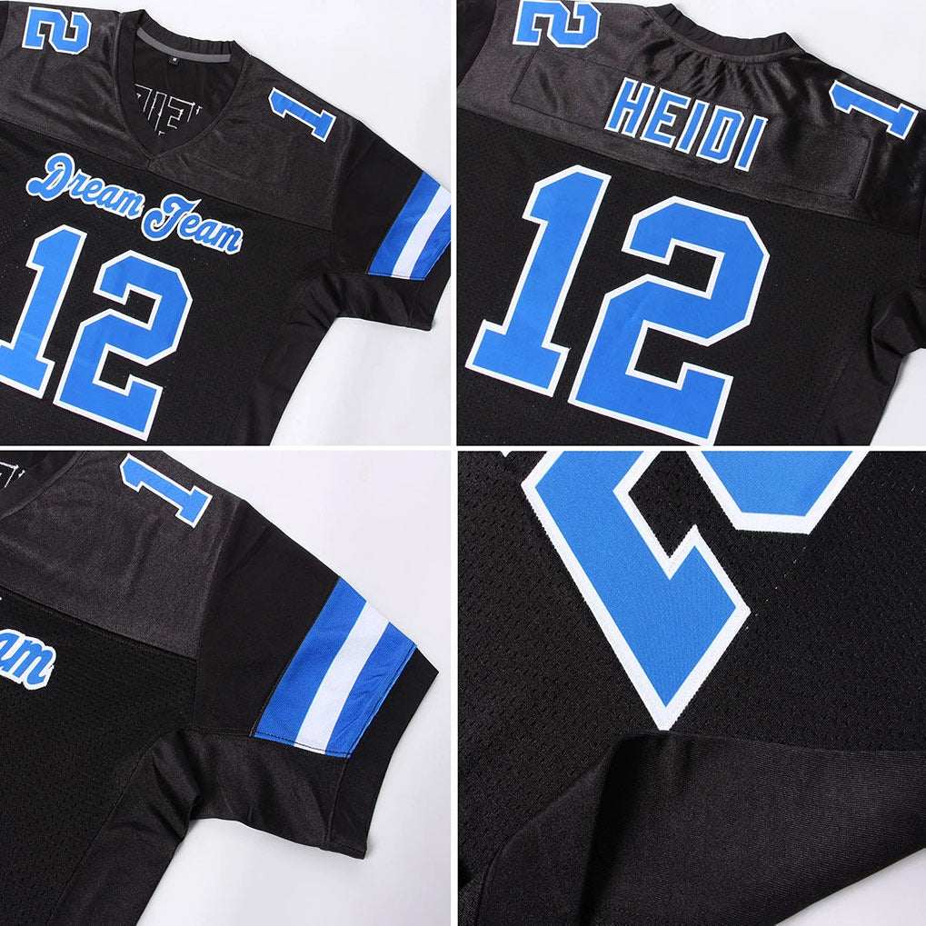 Product details Stitched of Custom Black Royal-White Mesh Football Jersey showing stitched logos, fabric and customization options