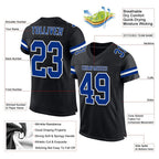Product details of Custom Black Royal-White Mesh Football Jersey showing stitched logos, fabric and customization options